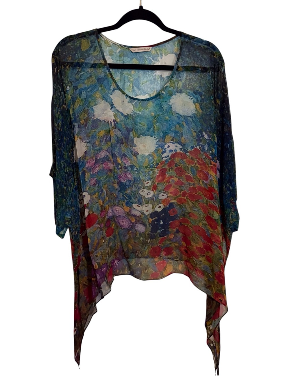 Soft Surroundings Large Floral Sheer Silk Top Blouse Boho Vacation Long Sleeve